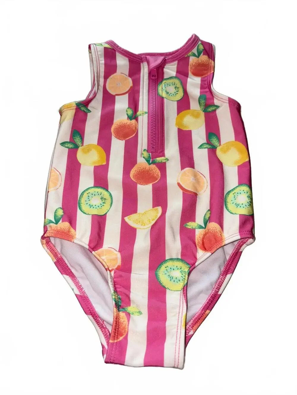 NWOT : Cat & Jack Baby 18M Pink and White Striped Fruit Print One Piece Swimsuit